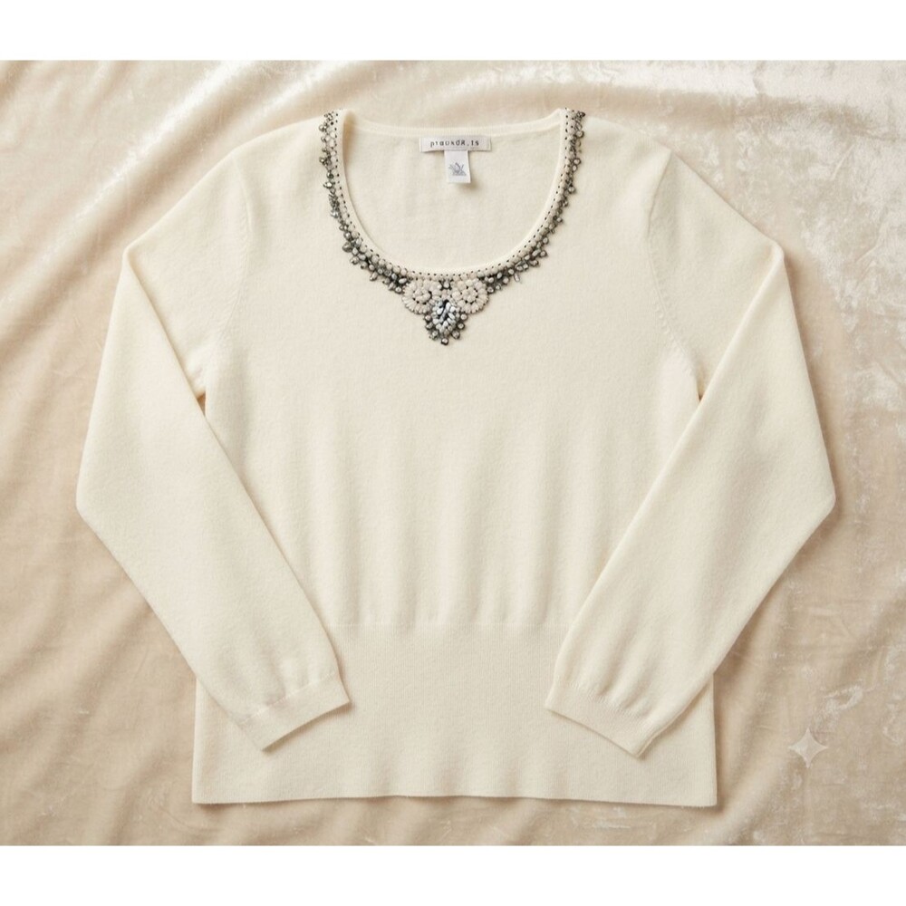 Beaded Sweater Women’s XL Cream Faux Pearl Rhinestone Knit Cottagecore Coquette